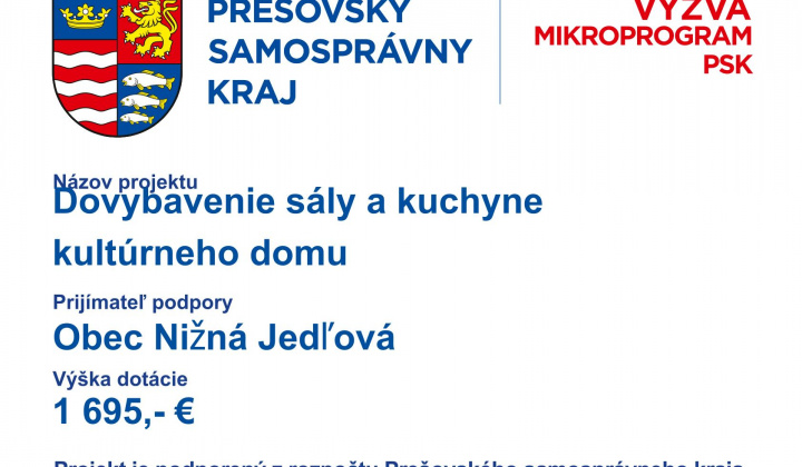 Dovybavenie sály a kuchyne kultúrneho domu